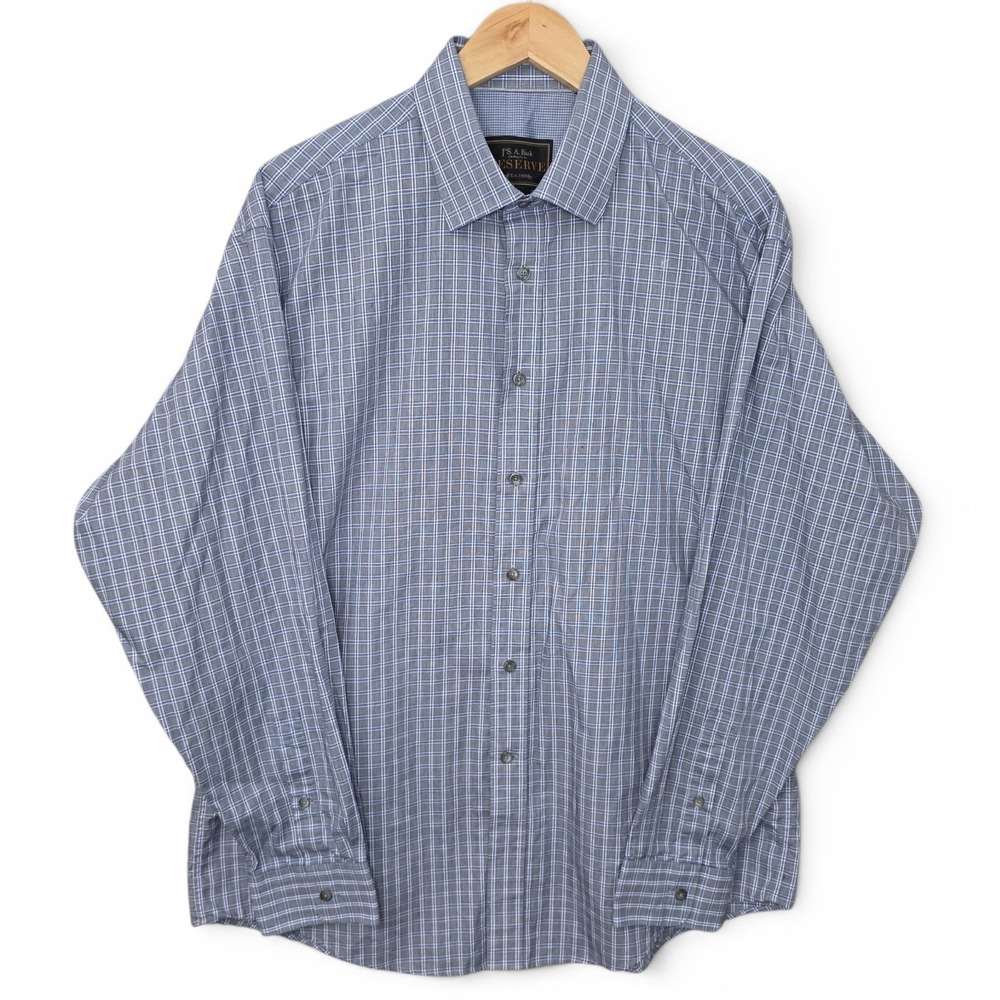 Jos A Bank Shirt Mens Large Blue Check Button Up Reserve Cotton Silk Blend